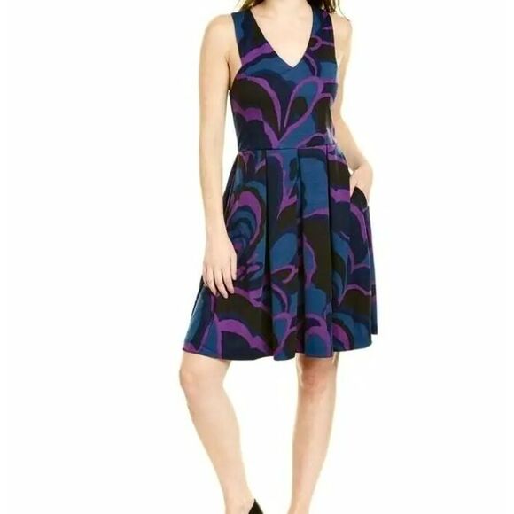 Trina Turk Sleeveless Dress A-Line Purple Blue Black Marcia Sz 10 NWT - Picture 1 of 6